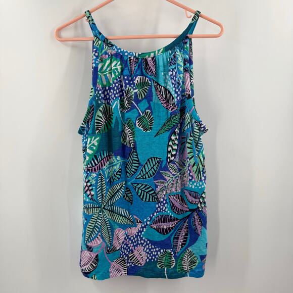 Cynthia Rowley Tank Top Size Large 100% Linen Tropical Leaf Print Summer Halter - Picture 2 of 9